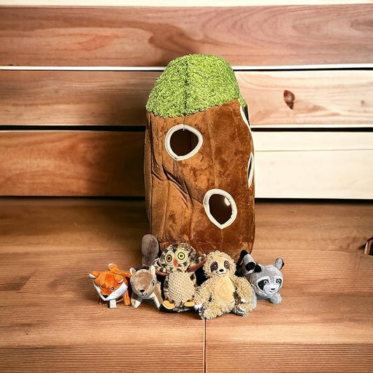 Raccoon in Tree Hide and Seek Dog Toy for Small and Medium Size Dogs, Plush Squirrel Inside Trunk Dog Toy with Squeaker, Interactive Burrow Dog Toy (Large Tree with Raccoon, Fox, Sloth, Squirrel, Owl) - PAWPICO