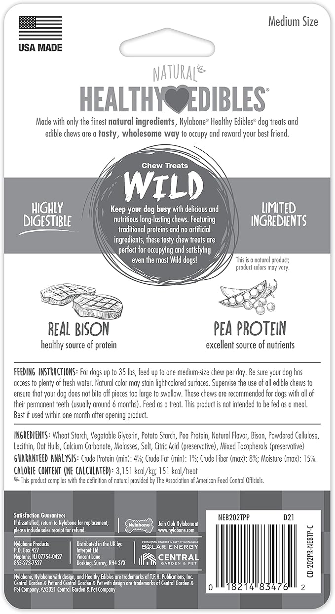 Nylabone Healthy Edibles WILD Natural Long-Lasting Bison Flavor Bone Chew Treats for Dogs, Medium (2 Count) - PAWPICO