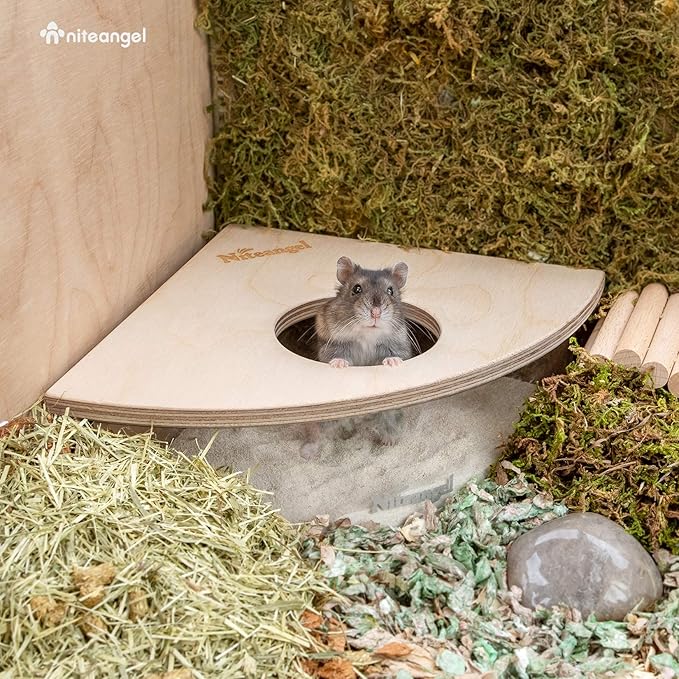 Niteangel Animal Sand-Bath Box: - Acrylic Critter's Sand Bath Shower Room & Digging Sand Container for Hamsters Mice Lemming Gerbils or Other Small Pets (Triangle, Birch-Wood) Niteangel