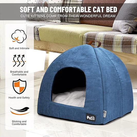 Cat Bed for Indoor Cats -Premium Pet Beds for Cats and Small Dogs, Cat Bed Cave, Comfortable Covered Cat Bed, Cat Tent, Kitten Bed, Small Animal Bed and Cat Hut with Cushioned Pillow (Medium, Blue) - PAWPICO