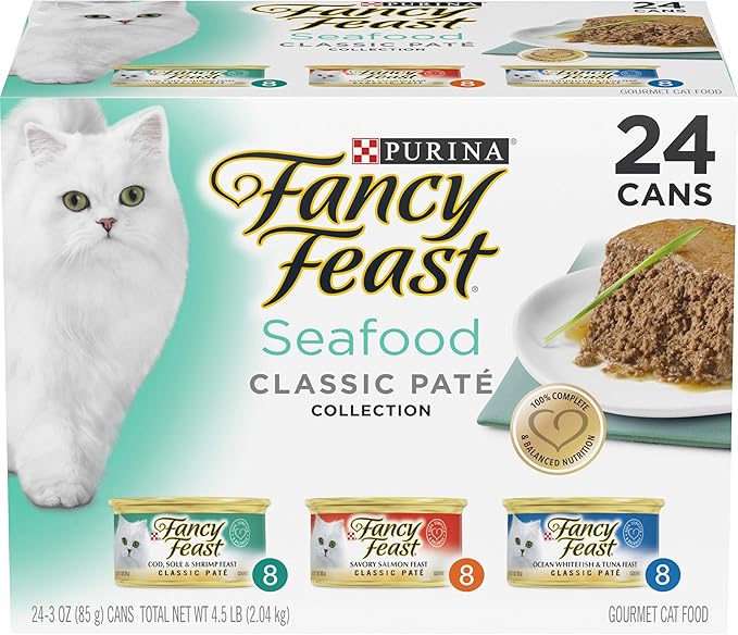 Purina Fancy Feast Seafood Classic Pate Collection Grain Free Wet Cat Food Variety Pack - (Pack of 24) 3 oz. Cans - PAWPICO