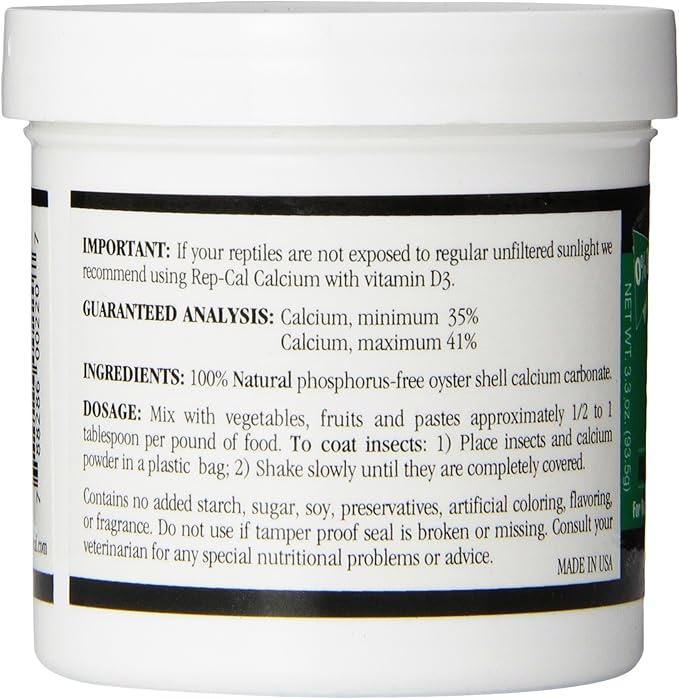 Rep-Cal 52298 Phosphorous-Free Calcium Powder Reptile/Amphibian Supplement Without Vitamin D3, 4.1 oz,white Rep-Cal