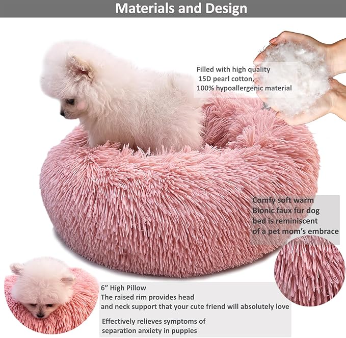Pink Puppy Bed 15 Inch Washable, Donut Soft Small Pet Bed,Calming Anti Anxiety Round Fits up to 5 lbs Warm Comfort Pets Beds for Puppy Dogs Indoor… - PAWPICO