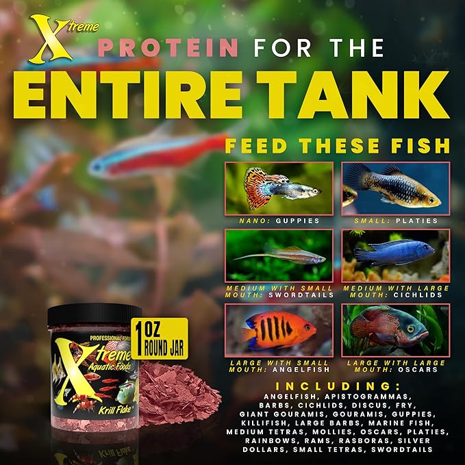 Xtreme Krill Flakes - Premium Max Protein Freshwater Fish Food with 100% Krill and Shrimp, & Vitamins for Optimal Immune and Digestive Health, Boosts Color & Energy – USA Farm Grown (1oz) XtremeAquaticFoods