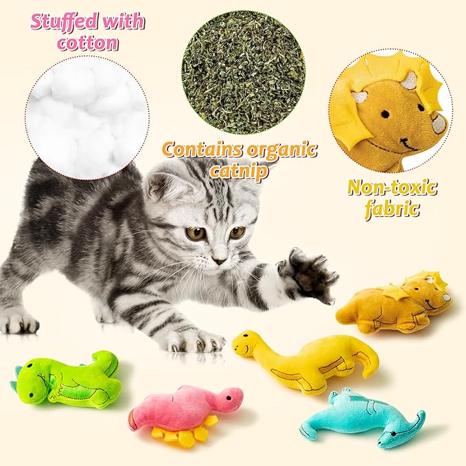 MALLMALL6 5Pcs Dinosaur Catnip Toys for Cat, Indoor Cat Chew Bite Bunny Kick Plush Catmint Pet Toys Supplies for Cat Lover Gifts, Interactive Cat Toy with Cute Expression for Pet Presents - PAWPICO