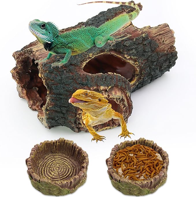 3Pcs Reptile Hide Cave Small Lizard Reptile Food&Water Bearded Dragon Bowls Accessories,Natural Resin Hollow Tree Trunk Hideout,Hermit Crab Supplies Trunk Snake Gecko Frogs Fish Tanks Decor Dexspoeny