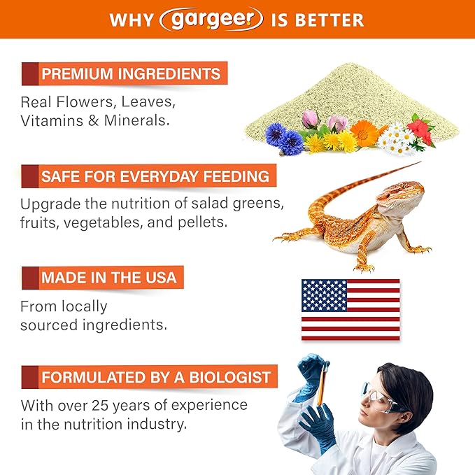 2oz Bearded Dragon Food Supplement, Flower Salad Mix Topper. Supercharge Juveniles & Adults Appetite, Health & Immune System. Complete Diet, Rich with Vitamins, Made in The USA. Enjoy! Gargeer