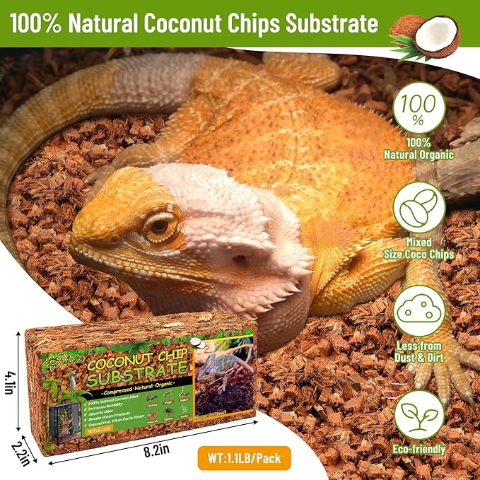 Riare 2 Pack Natural Coconut Chip Substrate for Reptiles- Compressed Coconut Husk Reptiles Bedding, Coco Husk Chip Terrarium Substrate for Snakes, Tortoises, Ball Python, Frogs, Bearded Dragon, Lizard Riare