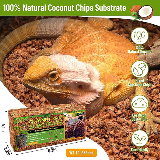 Riare 2 Pack Natural Coconut Chip Substrate for Reptiles- Compressed Coconut Husk Reptiles Bedding, Coco Husk Chip Terrarium Substrate for Snakes, Tortoises, Ball Python, Frogs, Bearded Dragon, Lizard Riare