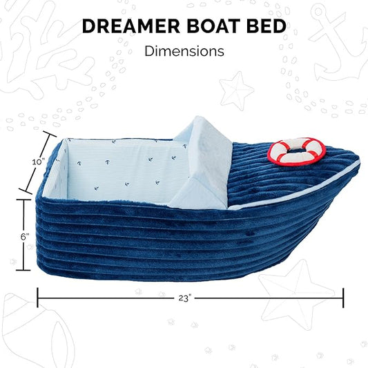 Furhaven Soft & Cozy Cat Bed w/ Catnip Toy for Indoor Cats, Washable w/ Removable Pillow Cushion Insert - Corduroy Boat Bed - Blue, Small - PAWPICO