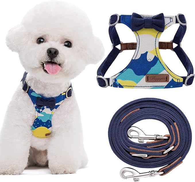 Puppytie No Pull Small Dog Harness with Multifunction Dog Leash,Lightweight Soft Adjustable No Choke Escape Proof Pet Harness Vest Pet Harness Vest,Suede Bow Navy,S Puppytie