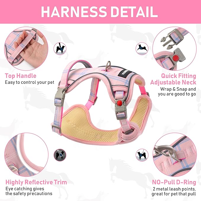 GAMUDA Dog Harness Collar and Leash Set, Dog Harness, No Chock No Pull Adjustable Vest Harnesses Plaid Reflective for Medium Dog, Cat, Small Horse, Small Bull and Pig (Pink, M) GAMUDACollarsCollection