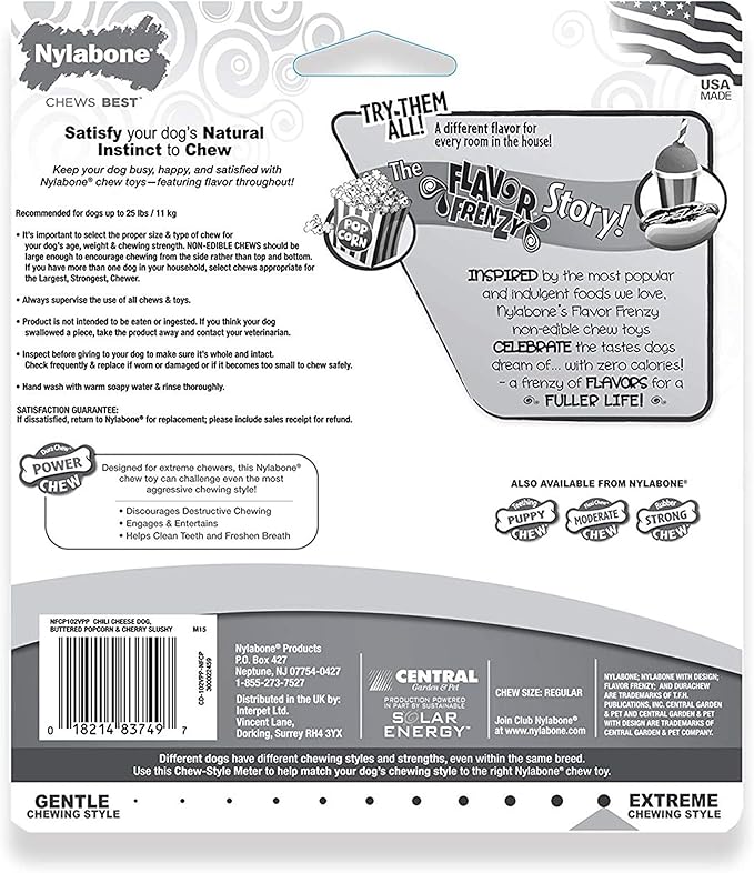 Nylabone Power Chew Flavor Frenzy Bone Chew Toy for Dogs, Indestructible Chew Toys for Aggressive Chewers, Chili Cheese Dog, & Popcorn & Cherry Flavor, Small/Regular - Up to 25 Ibs. (3 Count) - PAWPICO