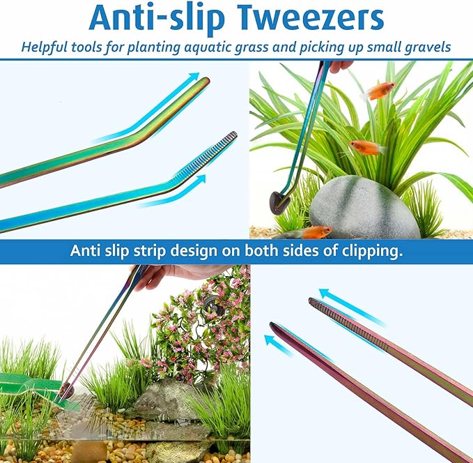 hygger 6-in-1 Long Aquarium Aquascaping Tools Kit, Color Stainless Steel Premium Aquatic Plant Tweezers Scissors Spatula Kit Comes with 1 Tool Holder and 1 Cleaning Cloth, for Fish Tank Starters hygger
