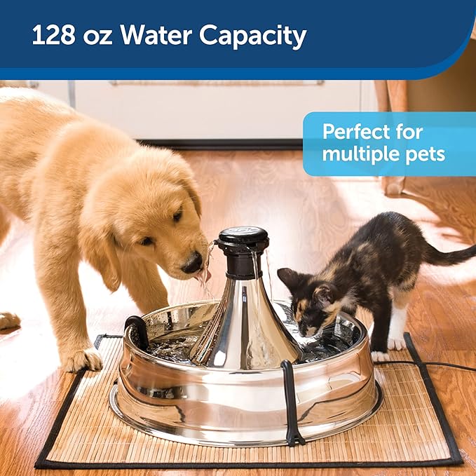 PetSafe Drinkwell Stainless Steel 360 Multiple Pet Fountain - Scratch and Rust Resistant Automatic Water Dispenser for Cats or Dogs - Adjustable Flow Control - 128 Ounce (3.8 Liter) - Filters Included - PAWPICO
