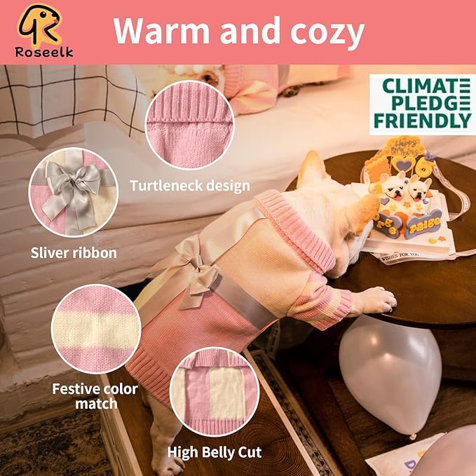 Dog Sweater for Small Size Dog - Puppy Gift Medium Warm Clothes in Winter, Turtleneck Pullover Design for Boy Girl Pet, Doggies, Cat, Kitten Weiner Pug Bulldog Beagles (S, Pink, Beige) - PAWPICO