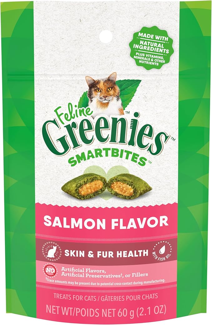 Greenies Feline Smartbites Skin & Fur Crunchy and Soft Natural Cat Treats, Salmon Flavor, 2.1 oz. Pack GREENIES