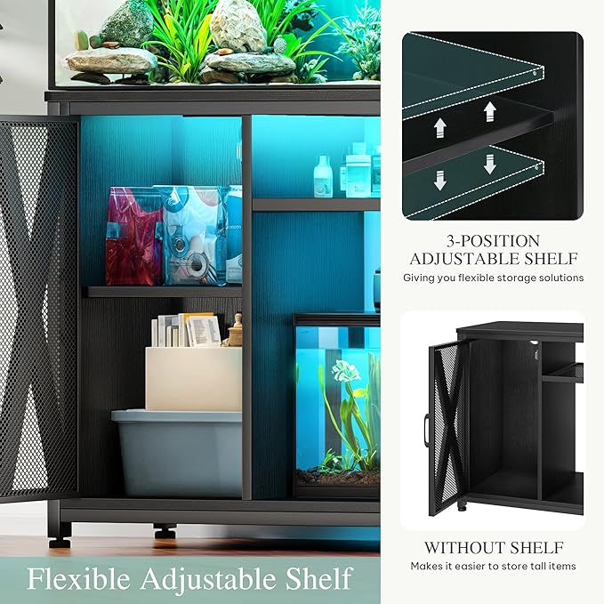 YITAHOME Fish Tank Stand with Power Outlets & LED Light, 40-50 Gallon Metal Aquarium Stand with Cabinet for Fish Tank Accessories Storage for Turtle Tank, Reptile Terrarium, 660LBS Capacity, Black YITAHOME