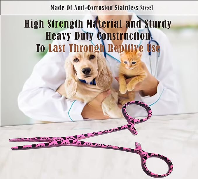 Dog Pet Ear/Nose Hair Puller Grooming Hemostat Locking Forceps Pliers, 5.5" (14cm), Straight (Pink Paws) A2Z+SCILAB