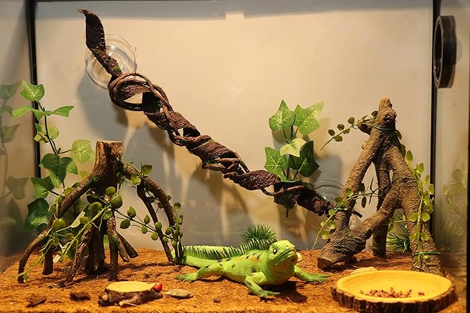 AQUA KT Reptile Corner Branch with Green Leaves Terrarium Desert Habitat Decoration for Lizard Snake Bearded Dragon Chameleon Hermit Crab Leopard Gecko Amphibian Climbing AQUAKT