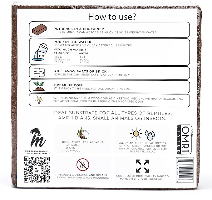 Mycelium 100% Organic Reptile Compressed Coco Coir - OMRI Certified, Eco-Friendly Bedding, Safe & Non-Toxic for Terrariums Habitat, Ideal for Reptiles, Snakes, Leopard Geckos, Turtles, Snake -10 LBS Mycelium