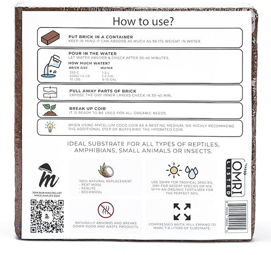 Mycelium 100% Organic Reptile Compressed Coco Coir - OMRI Certified, Eco-Friendly Bedding, Safe & Non-Toxic for Terrariums Habitat, Ideal for Reptiles, Snakes, Leopard Geckos, Turtles, Snake -10 LBS Mycelium