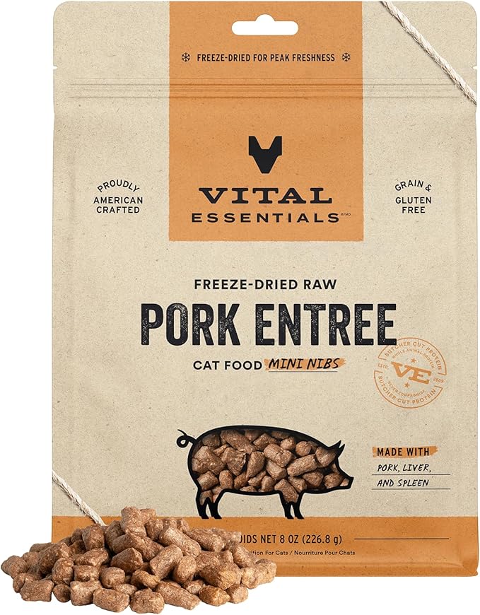 Vital Essentials Freeze Dried Raw Cat Food, Pork Mini Nibs Entree, 8 oz VitalEssentials