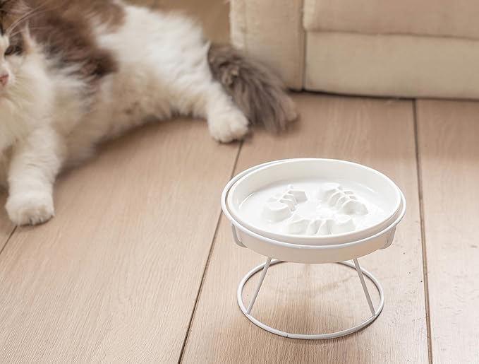 Adorable Whisker-Friendly Cat Slow Feeding Bowl, Upgraded Model,with Metal Stand, Prevents Whisker Fatigue, Promotes Healthy Eating, Prevents Vomiting and Indigestion, Cute Ceramic Pet Bowl - PAWPICO