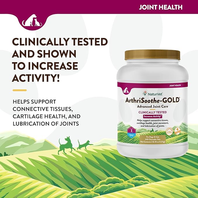 NaturVet Clinically Tested ArthriSoothe-Gold Level 3 Advanced Joint Care for Dogs and Cats, 240 ct Time Release, ChewableTablets, Made in USA NaturVet
