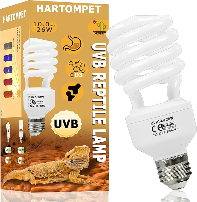10.0 UVB Reptile Light 26W, Compact Desert Lamp, Coil UVB Bulb for Bearded Dragons, Lizards, Snakes, Geckos, Amphibians – Lighting for Habitat Tank, Pet Terrarium & Large Reptile Cage HARTOMPET