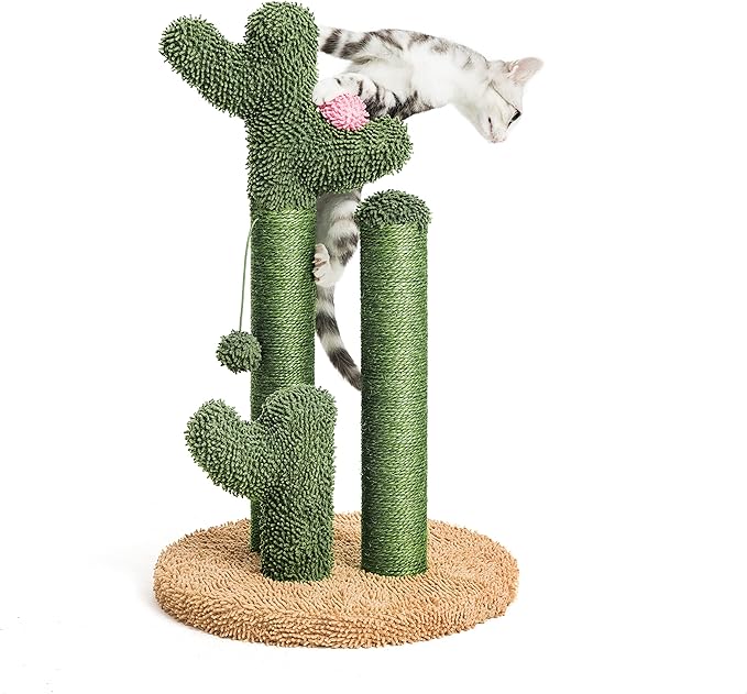 Pesofer Cactus Cat Scratching Post Cat Scratcher with 3 Scratching Poles, Flower Décor and Dangling Ball for Kitten, Adult Cats Large - PAWPICO