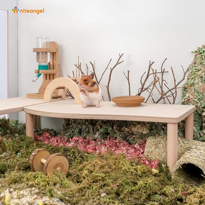 Niteangel Hamster Play Wooden Platform for Food Bowl Drinking Bottle and Other cage Accessories (Wave - 7" Height) Niteangel