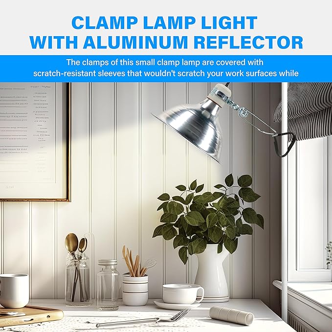 Simple Deluxe Adjustable Clamp Lamp with 8.5" Aluminum Reflector and Ceramic Base, 150W E26 Socket (Bulb Not Included), 6ft Power Cord, for Reptile Heat & Work Light, Silver SimpleDeluxe