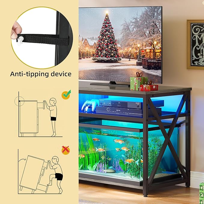 YITAHOME Fish Tank Stand with Power Outlets & LED Light, 55-75 Gallon Metal Aquarium Stand with Cabinet for Fish Tank Accessories Storage for Turtle Tank, Reptile Terrarium, 860LBS Capacity, Grey YITAHOME