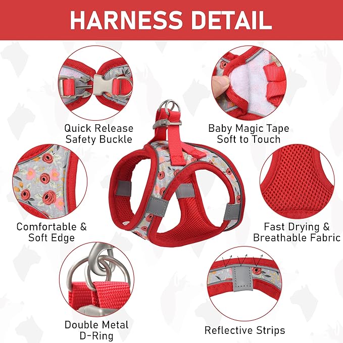 GAMUDA Small Dog Harness Collar and Leash Set, Step in No Chock No Pull Soft Mesh Adjustable Dog Vest Harnesses Plaid Reflective for Dogs Puppy Cats Kitten Rabbit (Red Flower, S) GAMUDACollarsCollection