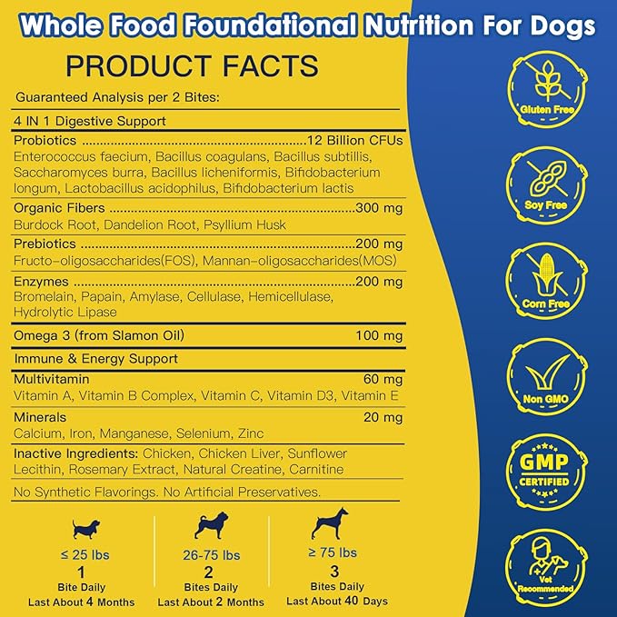 Probiotics for Dogs - Dog Probiotics for Digestive Health, Prebiotics, Enzymes, Fiber, and Omega-3 with Vitamins to Promote Intestinal Health, Support Immunity, Allergies & Itchy Skin, 120 Bites PAWPICO