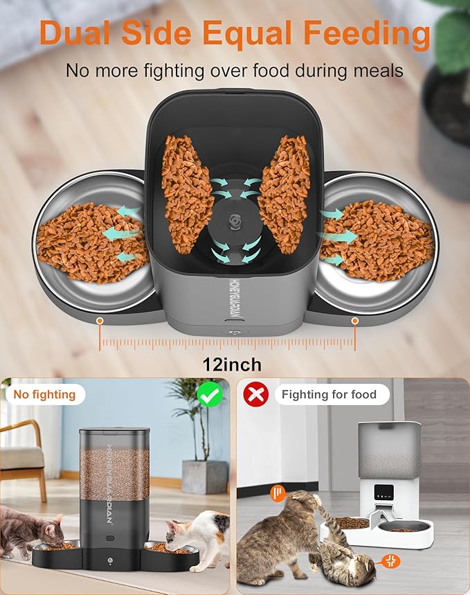 HoneyGuaridan 5L Automatic Cat Feeder for Two Cats, 2.4G WiFi Enabled Smart Feed Pet Feeder with Stainless Steel Bowl,APP Control Dispenser, Dual Power Supply,10s Meal Call Black - PAWPICO