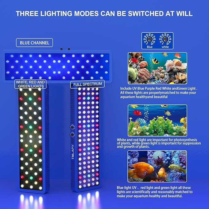 200W Led Aquarium Light for Fish Tank, Full Spectrum LED Fish Tank Lights, Reef Light for Coral with Adjustable Brightness, Multiple Lighting Modes for Freshwater and Saltwater Plant Coral Jellyfish TMLAPY