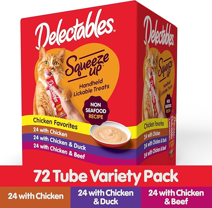 Delectables Squeeze Up Non-Seafood Variety Pack, Creamy Squeezable Puree, Lickable Wet Cat Treats, Grain Free, No Added Fillers, No By-Products, No Added Preservatives, 0.5 Ounces Tube, 72 Tubes Total Hartz