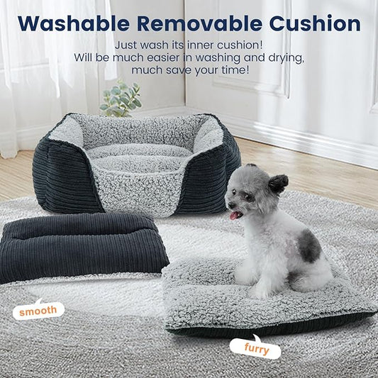 Miguel Washable Dog Bed with Removable Cushion for Small Dogs, Easy to Wash Pet Sofa Bed with Side, Rectangle Bolster Cat Bed Calming Cuddle Puppy Bed with Anti-Slip Bottom, Black 20 Inch - PAWPICO