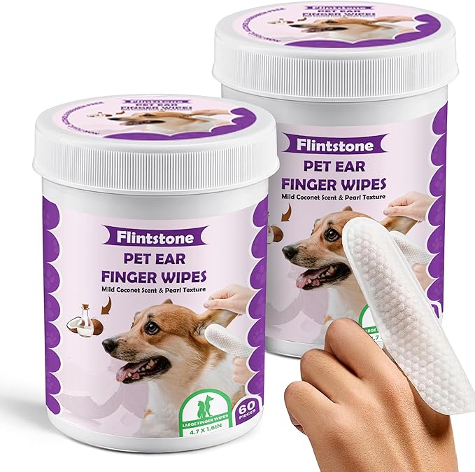 Flintstone Dog Ear Cleaner Finger Wipes – Ultra Big Dog Ear Wipes Gently Remove Ear Wax, Dirt - Ear Wipes for Dogs & Cats Soothes Ear Itching - Mild Coconut Scent - 120 Count Flintstone