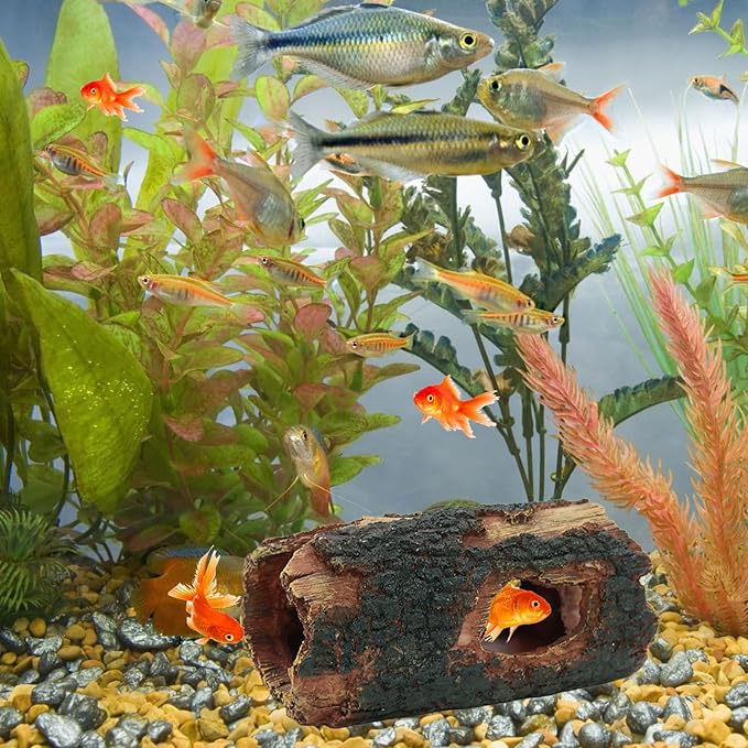 3Pcs Reptile Hide Cave Small Lizard Reptile Food&Water Bearded Dragon Bowls Accessories,Natural Resin Hollow Tree Trunk Hideout,Hermit Crab Supplies Trunk Snake Gecko Frogs Fish Tanks Decor Dexspoeny
