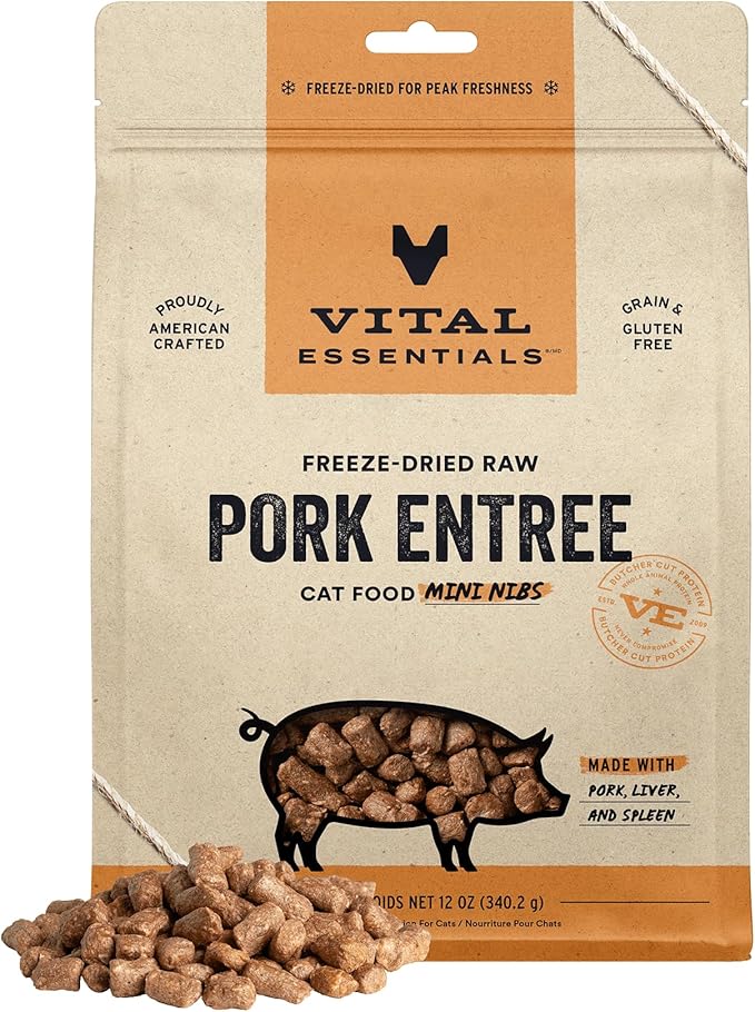 Vital Essentials Freeze Dried Raw Cat Food, Pork Mini Nibs Entree, 12 oz VitalEssentials
