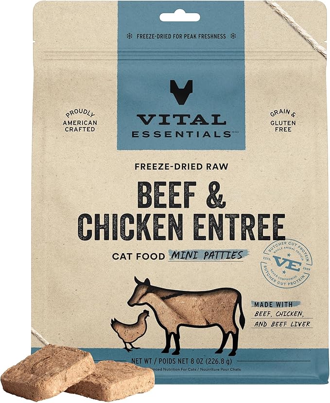 Vital Essentials Freeze Dried Raw Cat Food, Beef & Chicken Mini Patties Entree, 8 oz VitalEssentials