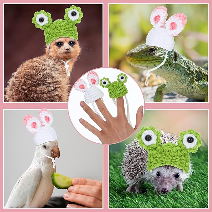 2 PCS Costume for Hamster Mini Knitted Pet Hats Mini Hats for Snakes Frog & Bunny Style Small Animals Cute Tiny Hat Knitted Small Animals Hat with Adjustable Strap for Guinea Pig Pets Holiday Party Xinjoduz