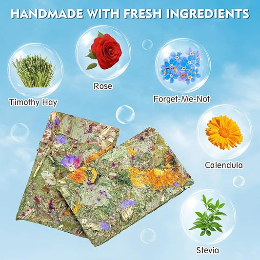 Fhiny 12 PCS Rabbit Timothy Hay Chips Toys, Natural Bunny Molar Treats with Herbal Flowers Rabbit Chew Toys for Teeth Small Animal Snacks for Rats Chinchillas Guinea Pigs Hamsters Fhiny