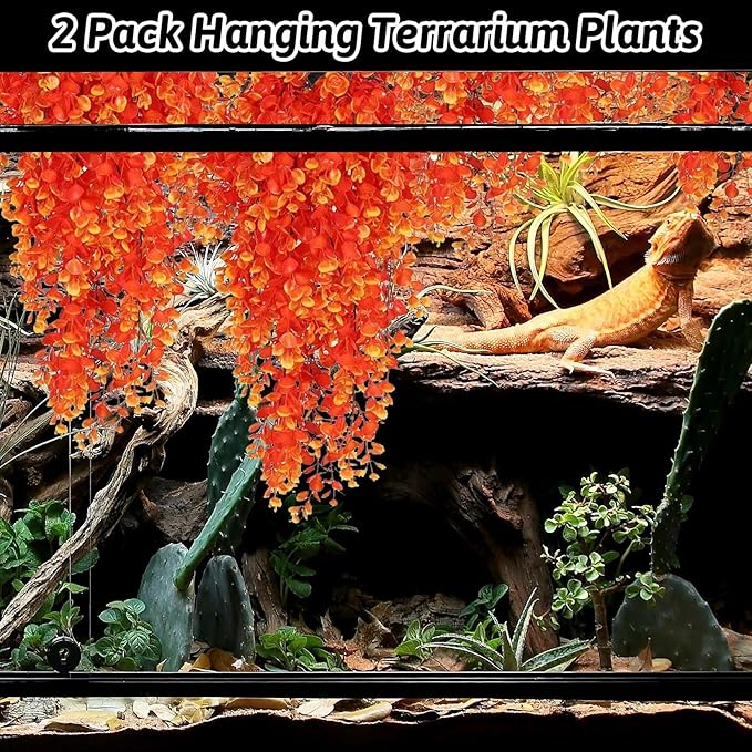 Hamiledyi Fake Reptile Plants 2 Pack Hanging Fake Plants, Plants for Reptiles with Suction Cup, Fake Amphibian Plants for Bearded Dragon Lizard Geckos Chameleon Tank (Orange) Hamiledyi