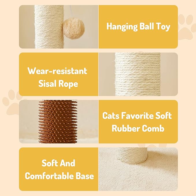 MeowHomm 32" Cat Scratching Post with Self Groomer Cat Brush, Sisal Rope Tall Cat Scratching Post with Soft Hanging Ball for Indoor Cats, Cat Claw Scratcher Covered with Soft Smooth Plush - PAWPICO