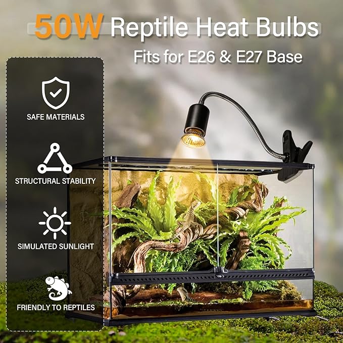 50W Turtle Reptiles Heat Lamp Bulb,4-Pack UVA UVB Heating Bulbs for Reptiles and Amphibian Tanks,Terrariums and Cages,Works with Various E26 Base Lamp Fixtures PAWPICO