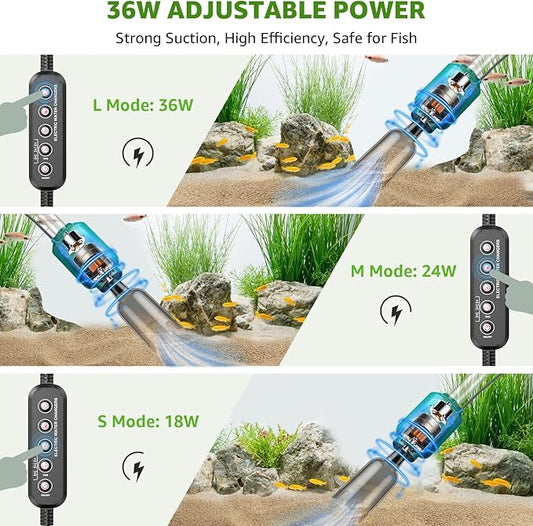 36W Fish Tank Vacuum Gravel Cleaner: Electric Aquarium Cleaner Vacuum with Strong Suction for Water Change Wash Sand Water Shower and Water Circulation, Timed Off Suness